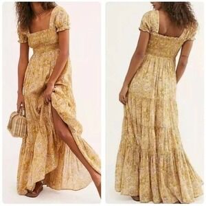 Free People Getaway Smocked Romantic Boho Floral Tiered Maxi Dress Tea Combo